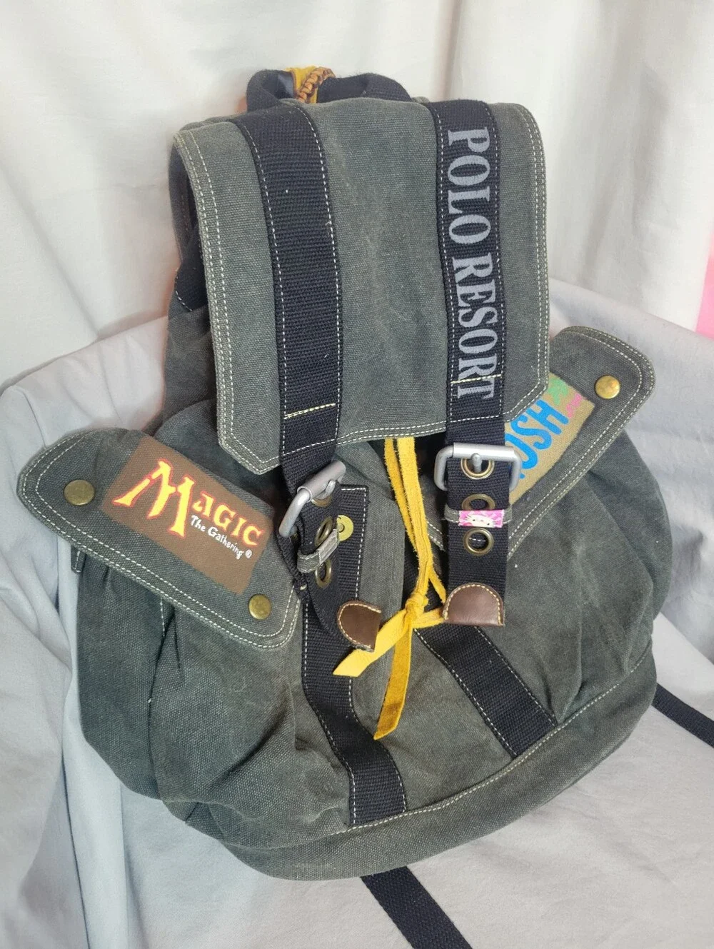 Olive/Gray Canvas Backpack with Leather Draw String (Altered)